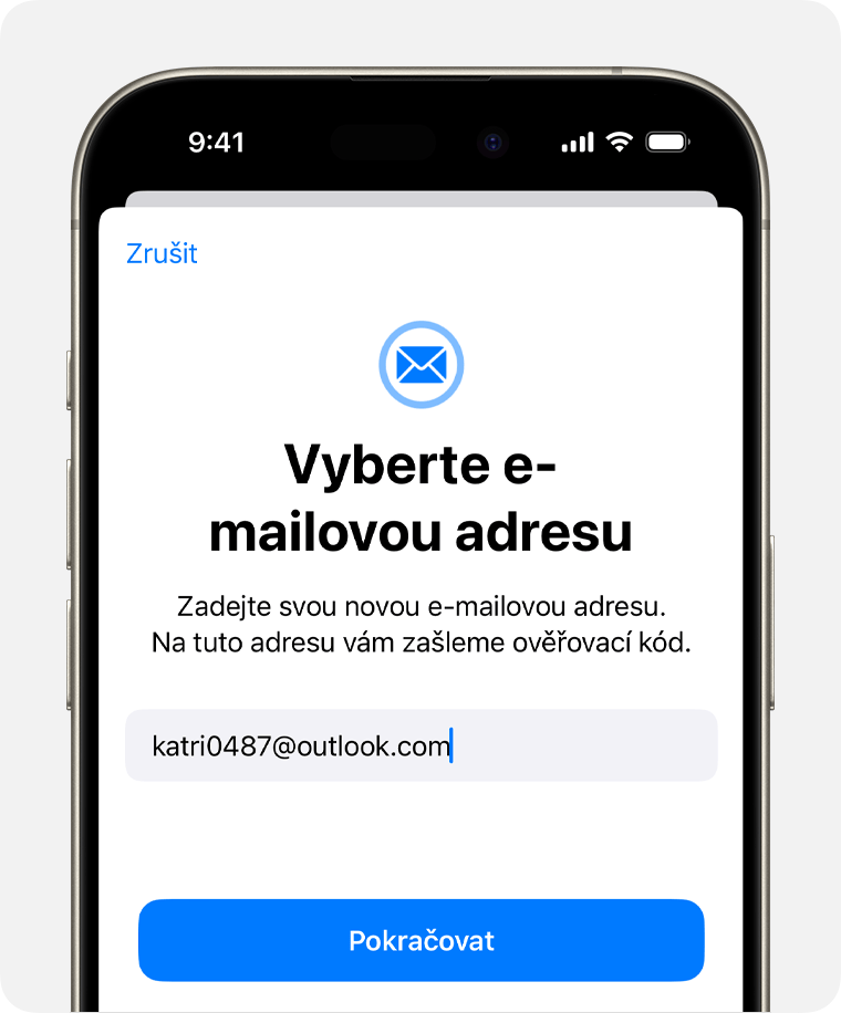Obrazovka iPhonu zobrazující, jak změnit e-mailovou adresu Apple ID
