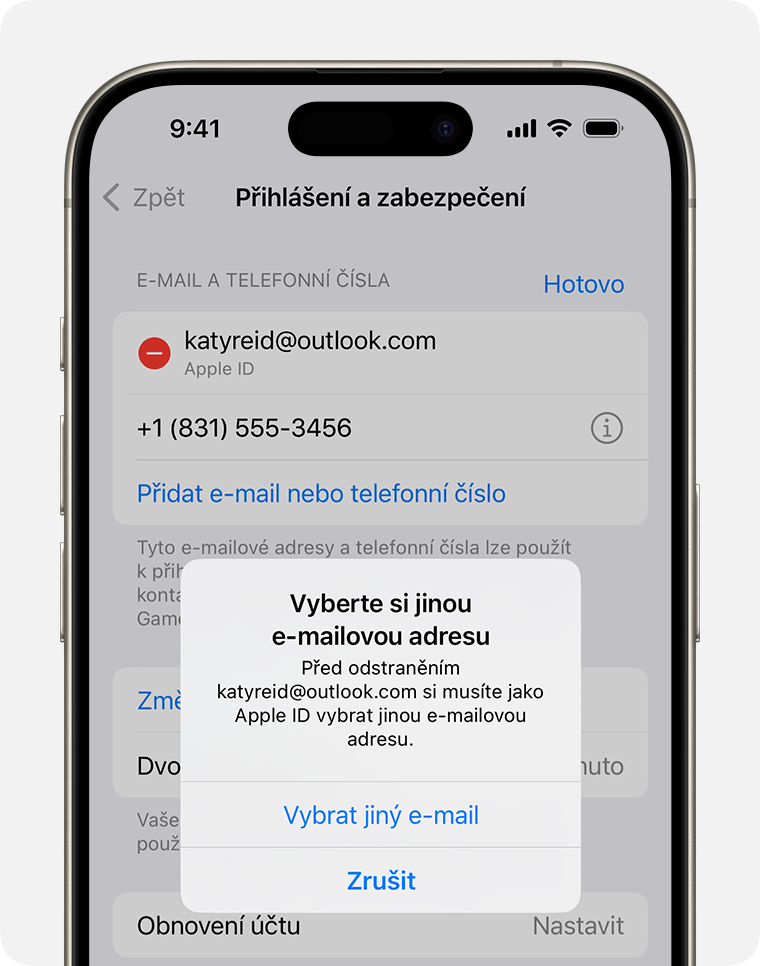 Obrazovka iPhonu zobrazující, jak změnit e-mailovou adresu Apple ID 