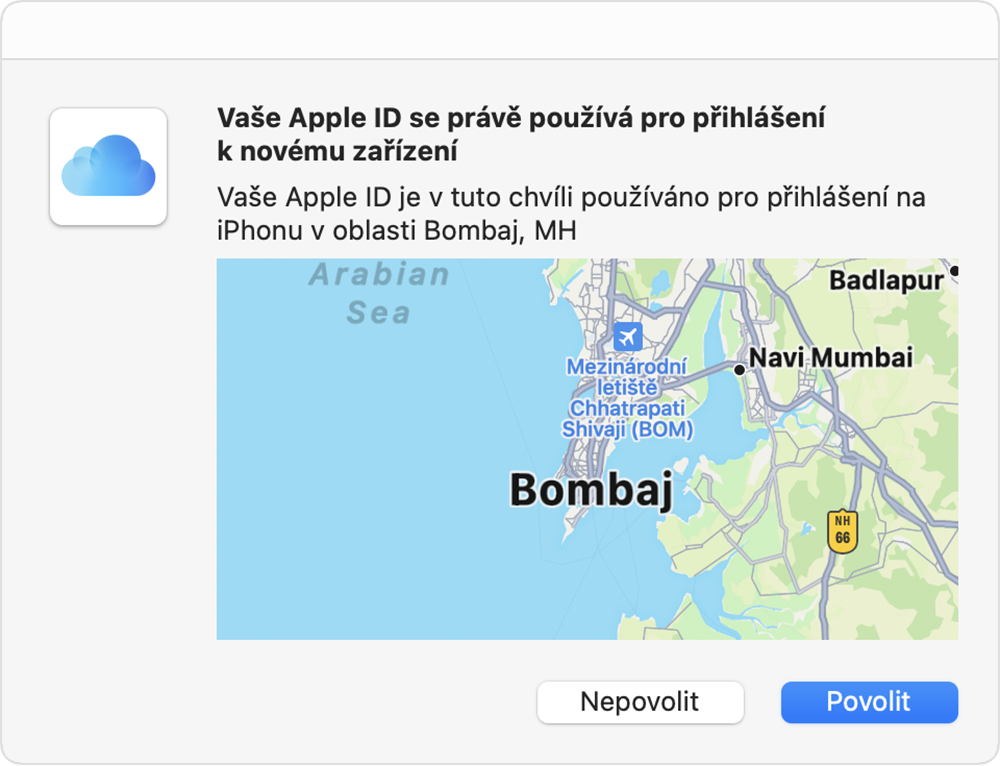 Mapa s výrazně vyznačenou polohou – Buffalo, NY. Popisek oznamuje, že Apple ID je používáno k přihlášení do iPhonu poblíž Buffala.