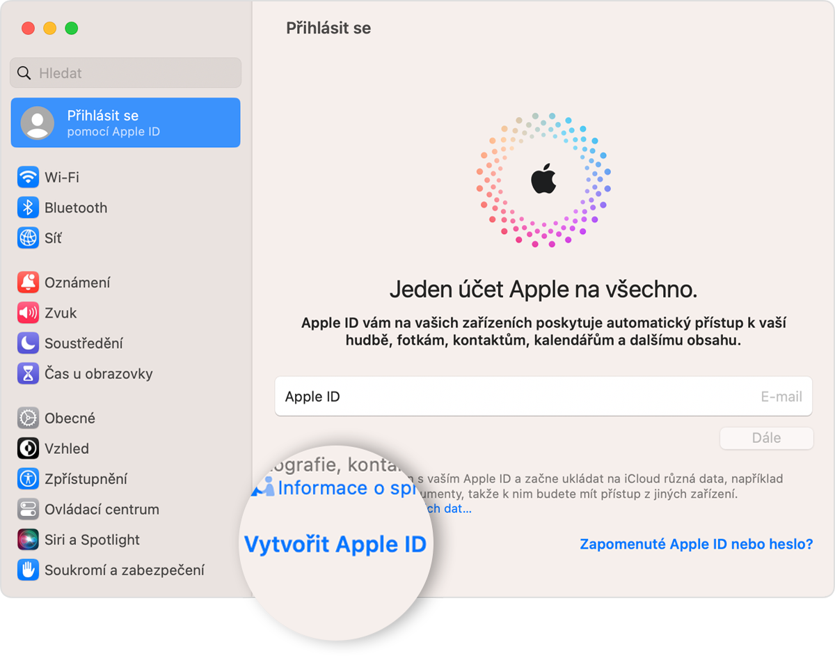 Obrazovka Macu s odkazem Vytvořit Apple ID, na který lze kliknout