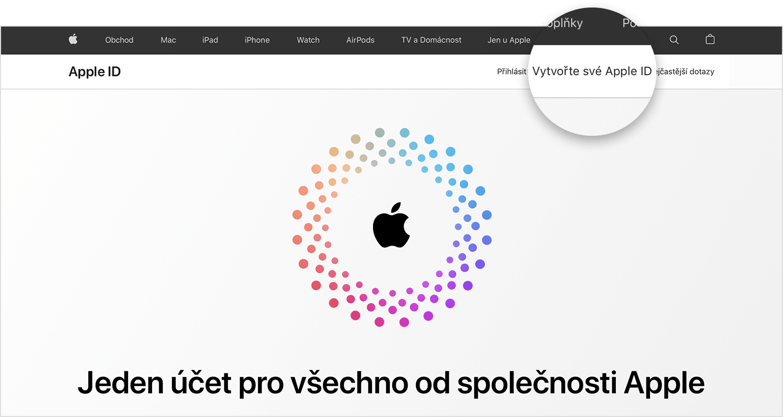 Webová obrazovka s odkazem pro vytvoření Apple ID 