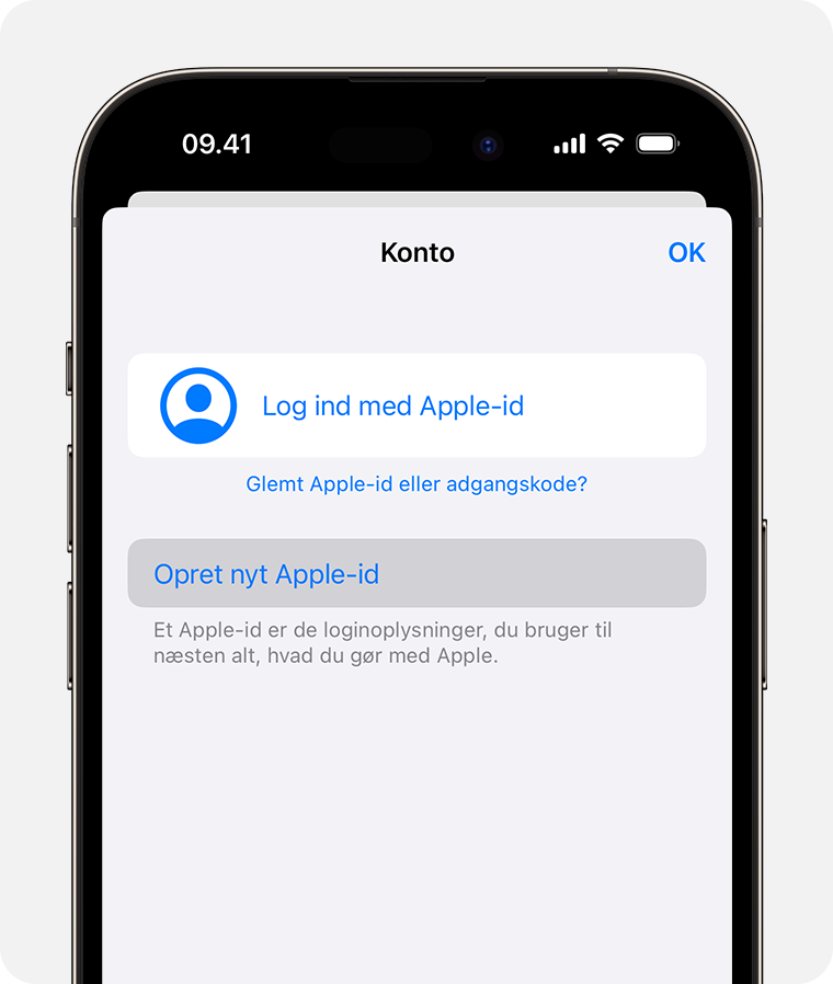 iPhone-skærm, der viser muligheden Log ind med Apple-id 