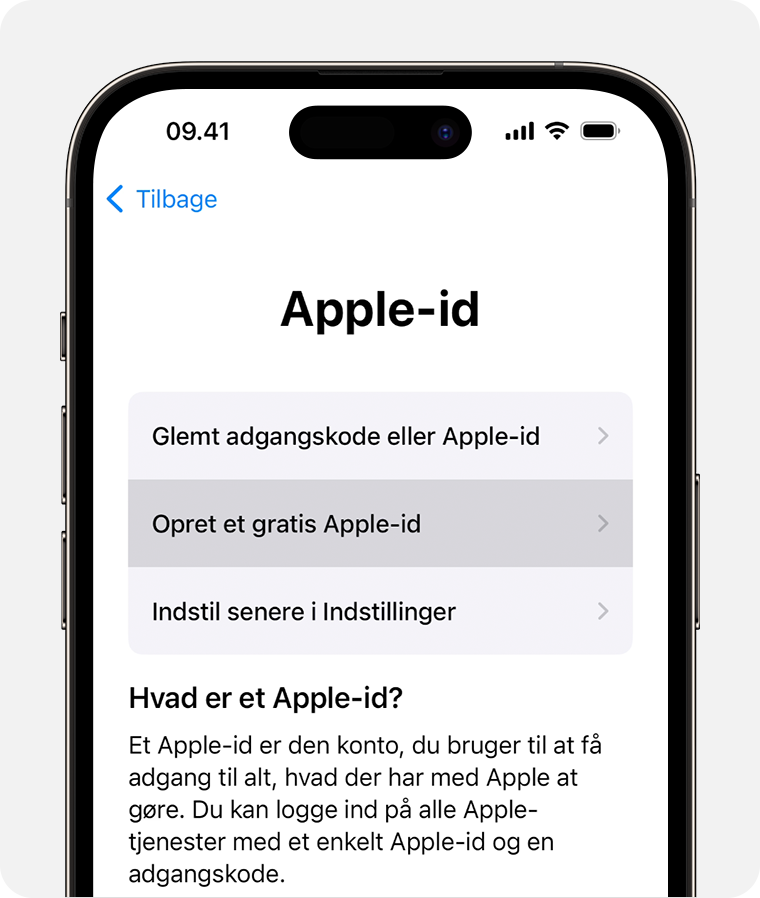 iPhone-skærm, der viser muligheden for at vælge Opret et gratis Apple-id