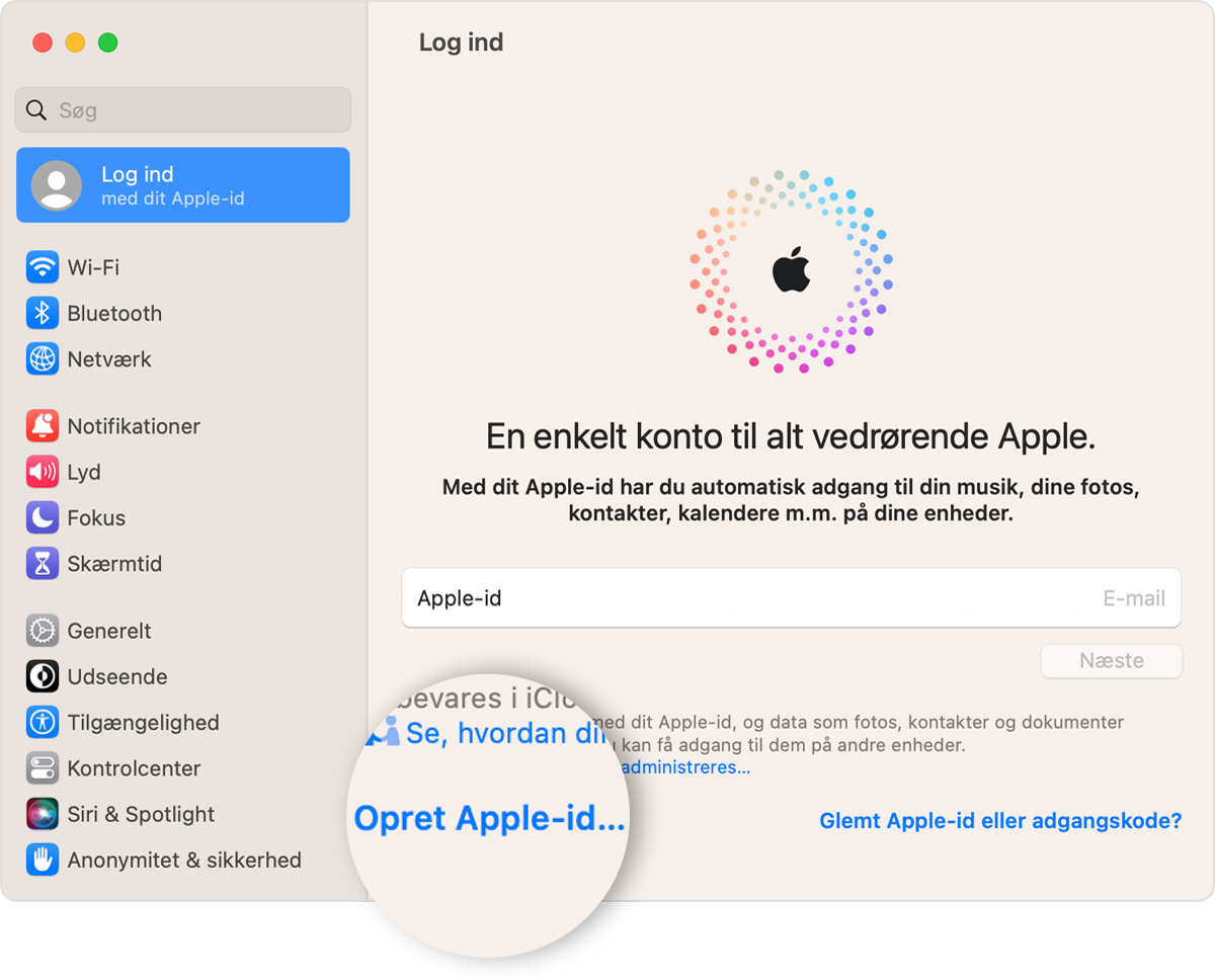 Mac-skærm, der viser linket Opret Apple-id, der kan klikkes på