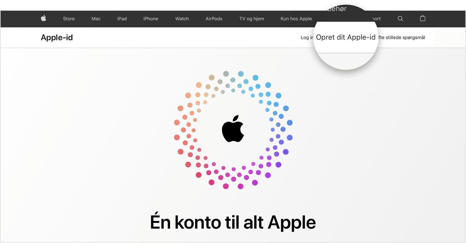 Webskærm, der viser linket Opret dit Apple-id 