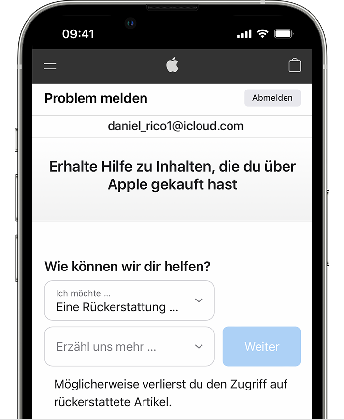 iPhone mit der Website „Problem melden“, auf der du eine Rückerstattung beantragen kannst. Nachdem du „Eine Rückerstattung beantragen“ ausgewählt hast, wähle den Grund für die Rückerstattung aus.
