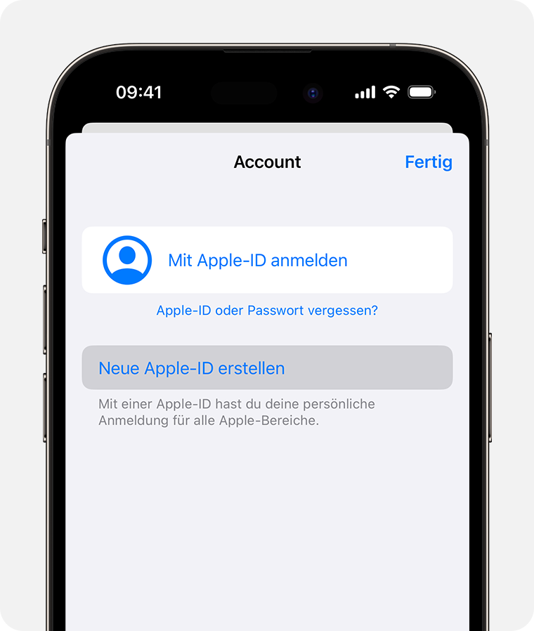 Ein iPhone-Bildschirm, auf dem die Option „Mit Apple-ID anmelden“ angezeigt wird 