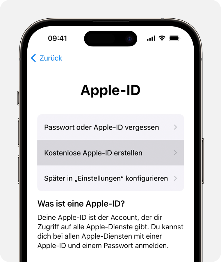 Ein iPhone-Bildschirm, auf dem die Option zum Auswählen von „Gratis Apple-ID erstellen“ angezeigt wird