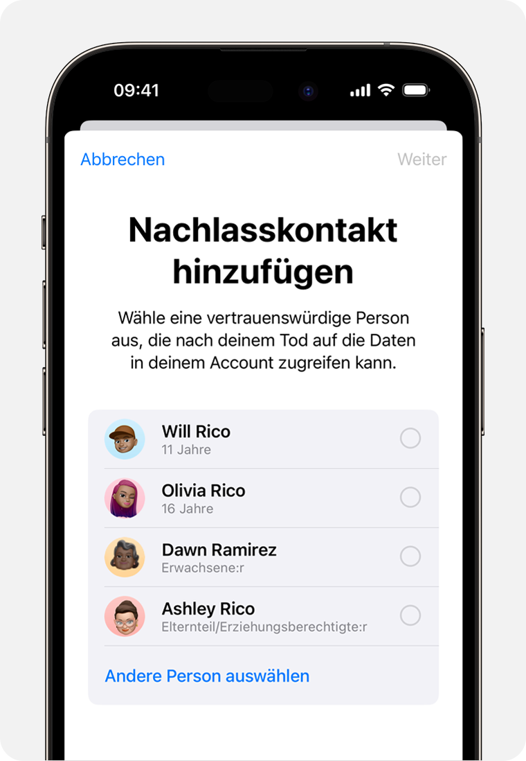 iPhone-Bildschirm mit den Mitgliedern der Familienfreigabe, die du als Nachlasskontakt hinzufügen kannst