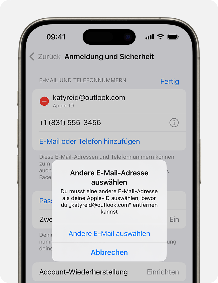 iPhone-Bildschirm, der zeigt, wie du deine Apple-ID-E-Mail-Adresse änderst 