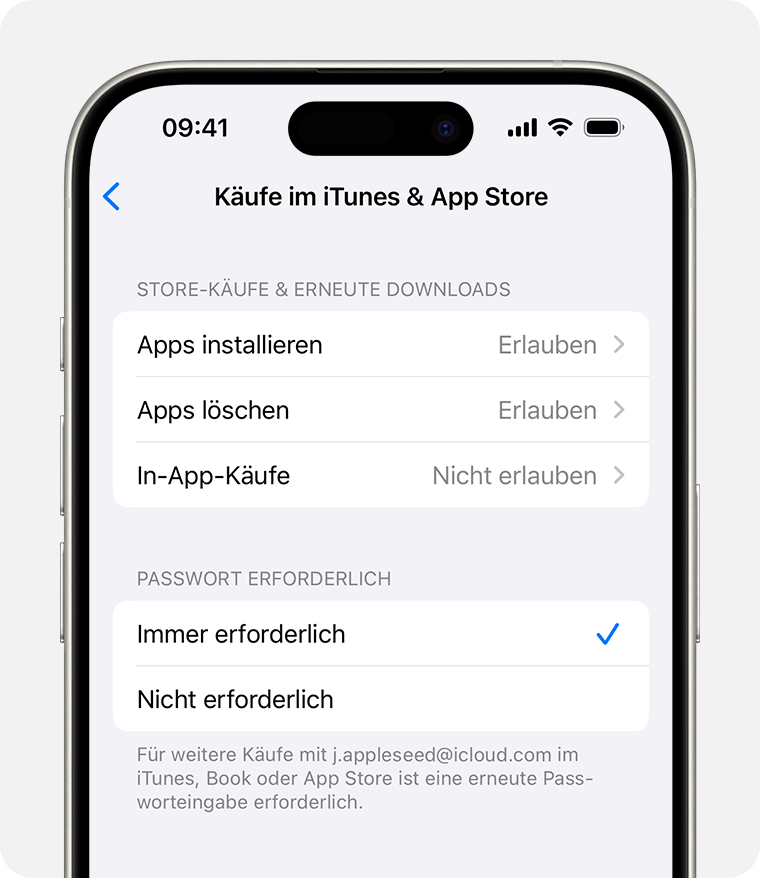  Auf dem iPhone-Display ist die Einstellung zum Deaktivieren von Einkäufen in iTunes und im App Store zu sehen