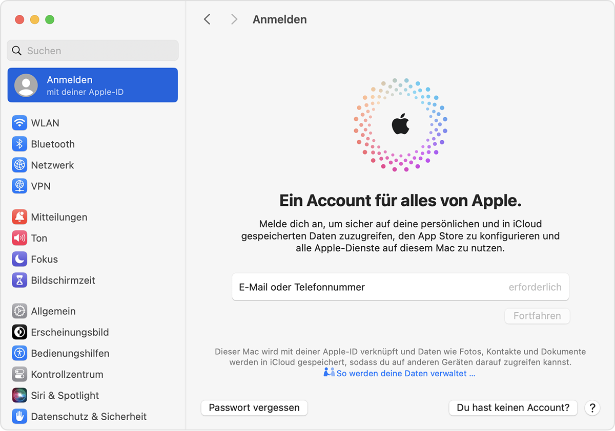Anmeldung mit deiner Apple-ID auf einem Mac