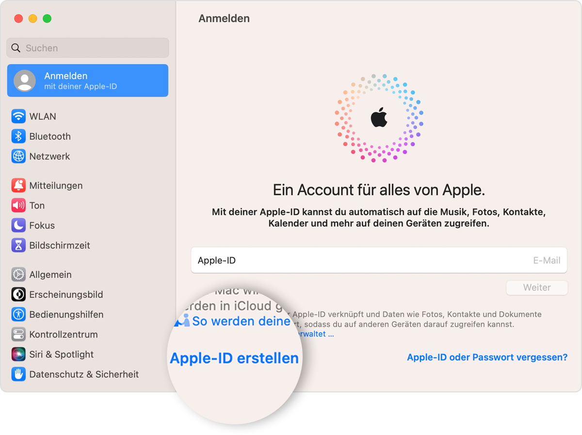 Ein Mac-Bildschirm, auf dem der Link „Apple-ID erstellen“ angezeigt wird