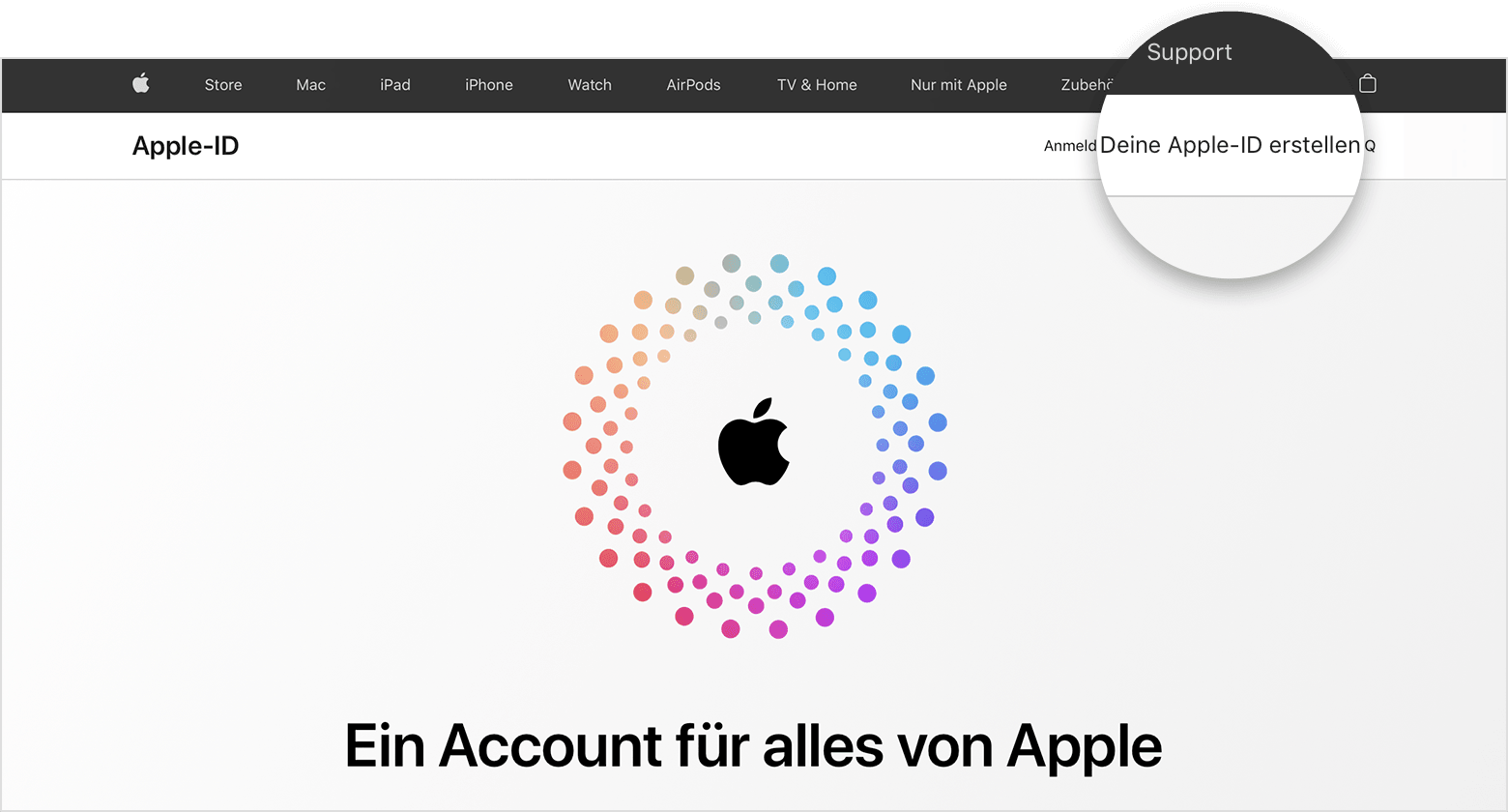 Webbildschirm, auf dem der Link „Eine Apple-ID erstellen“ angezeigt wird 