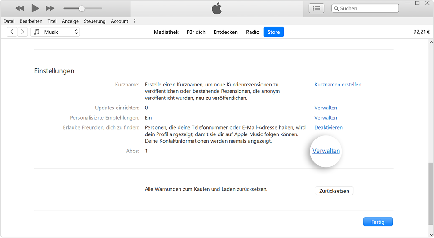 Die Taste „Verwalten“ neben „Abonnements“ in iTunes.
