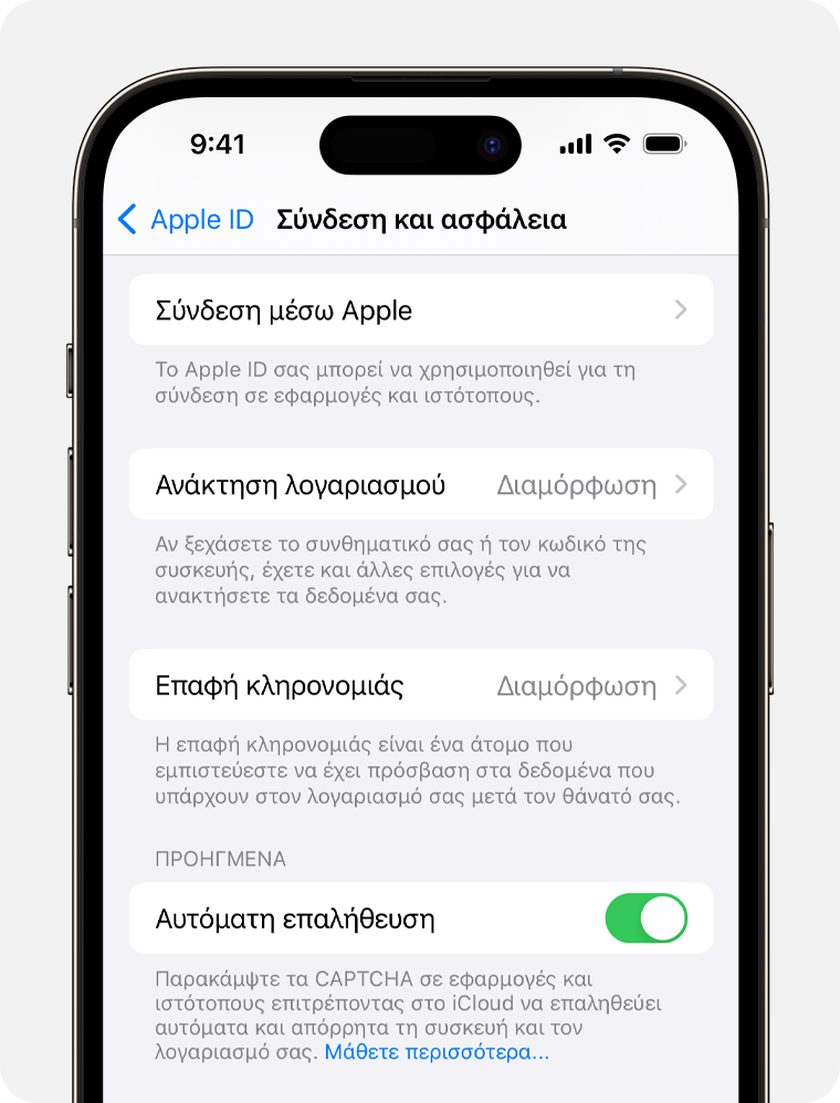 Η οθόνη ενός iPhone στην οποία εμφανίζονται τα βήματα προβολής των εφαρμογών που χρησιμοποιείτε με τη Σύνδεση μέσω Apple