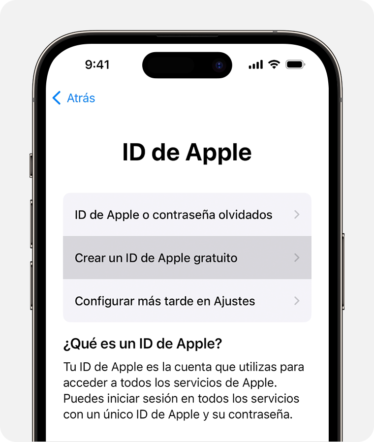 Pantalla del iPhone que muestra la opción para seleccionar Crear un ID de Apple gratuito