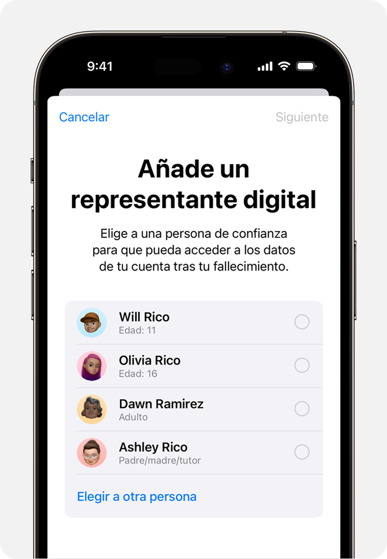 Pantalla del iPhone que muestra a los miembros de En familia para añadirlos como representante digital