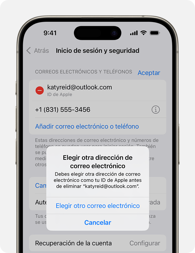 Pantalla de iPhone que muestra cómo cambiar la dirección de correo electrónico del ID de Apple 