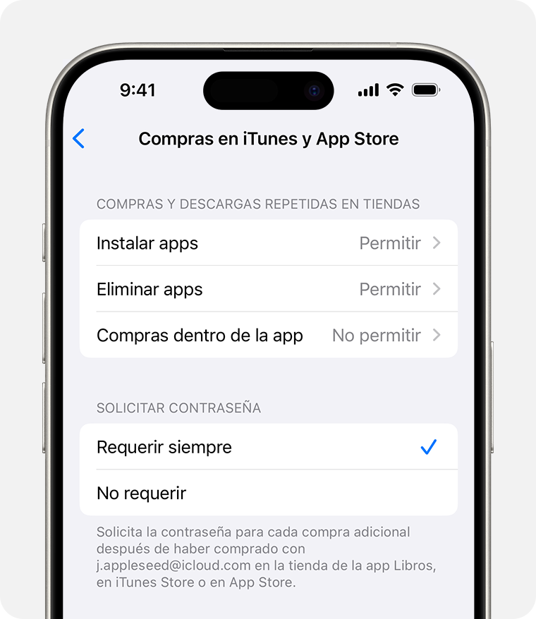Pantalla del iPhone que muestra el ajuste para desactivar las compras en iTunes y el App Store