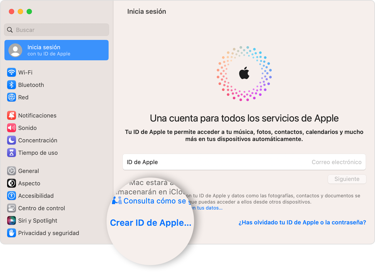 Pantalla del Mac que muestra el enlace Crear ID de Apple, en el que se puede hacer clic