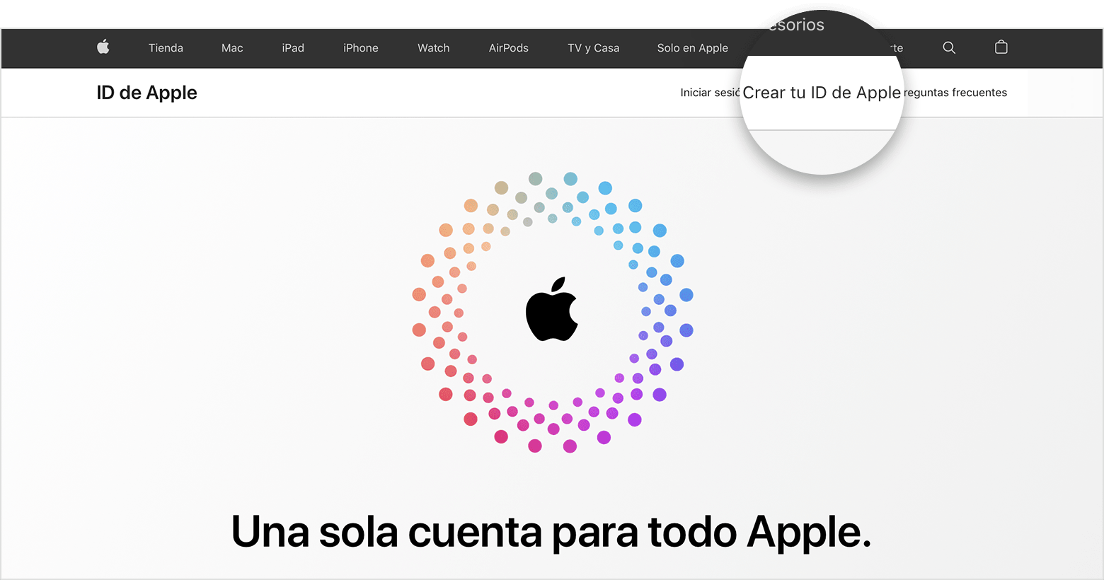 Pantalla web que muestra el enlace Crea tu ID de Apple 