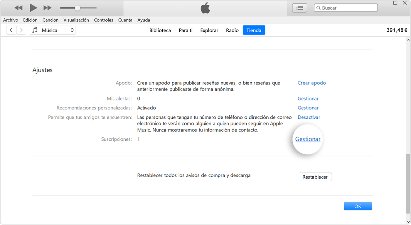 El botón Gestionar junto a Suscripciones en iTunes.