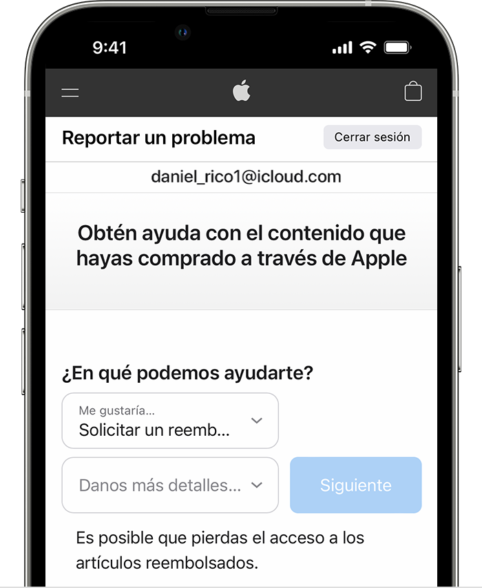 iPhone en el que se muestra el sitio web Reportar un problema donde puedes solicitar un reembolso. Después de seleccionar la opción para solicitar un reembolso, elige el motivo por el que lo solicitas.