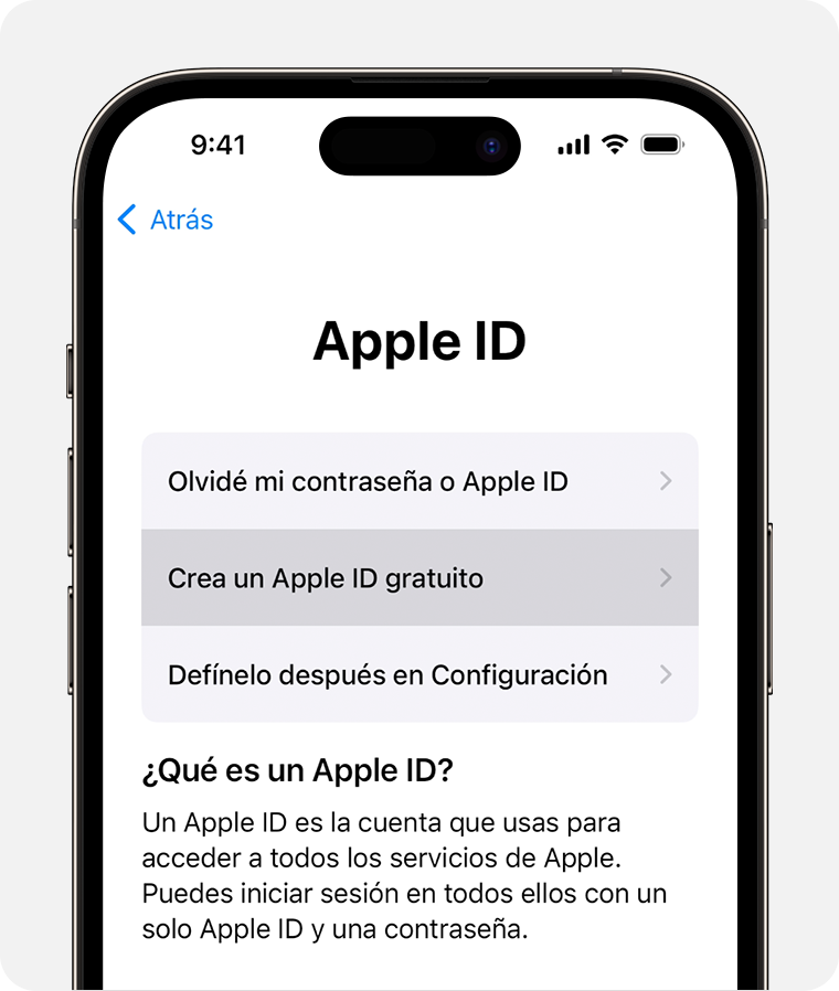 Pantalla del iPhone en la que se muestra la opción de seleccionar Crea un Apple ID gratuito