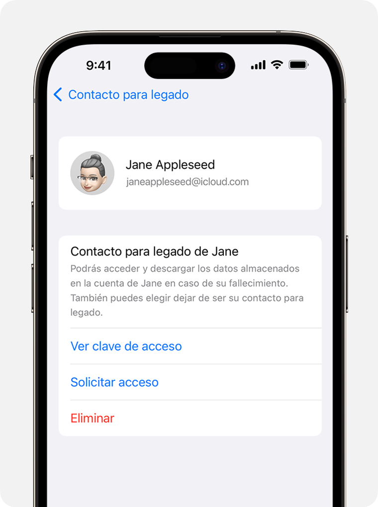 Pantalla de un iPhone en la que se muestra cómo solicitar acceso para convertirse en contacto para legado (digital)