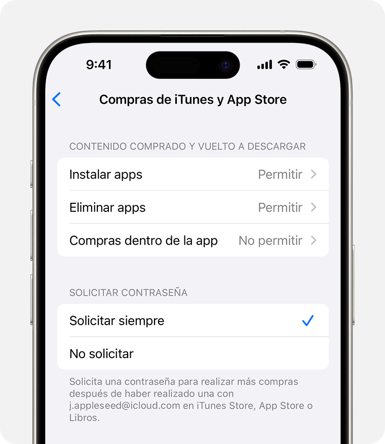 Pantalla de iPhone que muestra la configuración para desactivar las compras de iTunes y App Store 