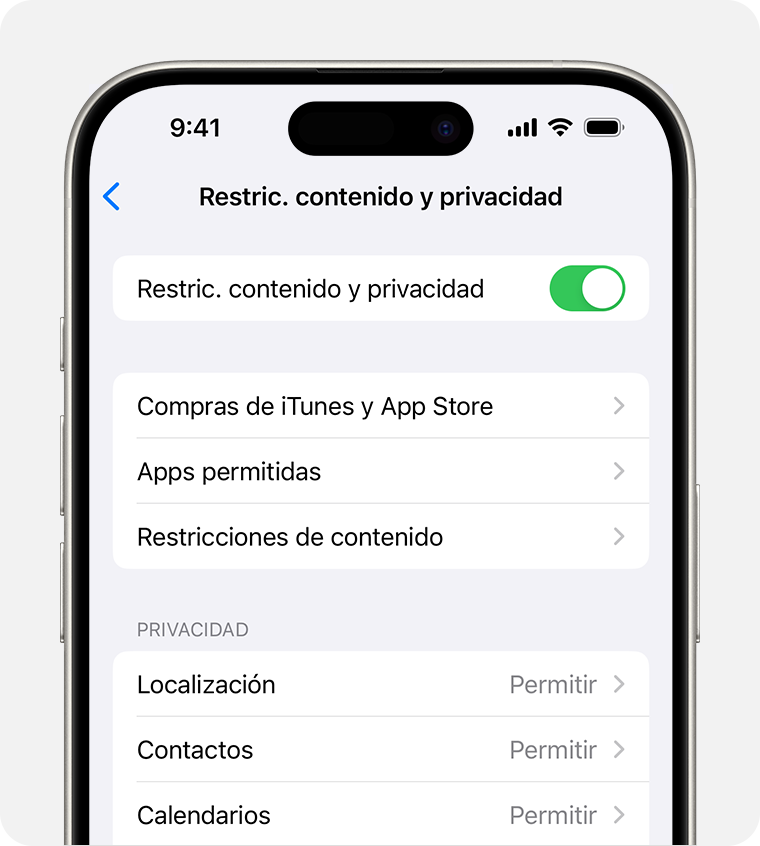 Pantalla de iPhone en la que se muestra la configuración de Restricciones de contenido y privacidad