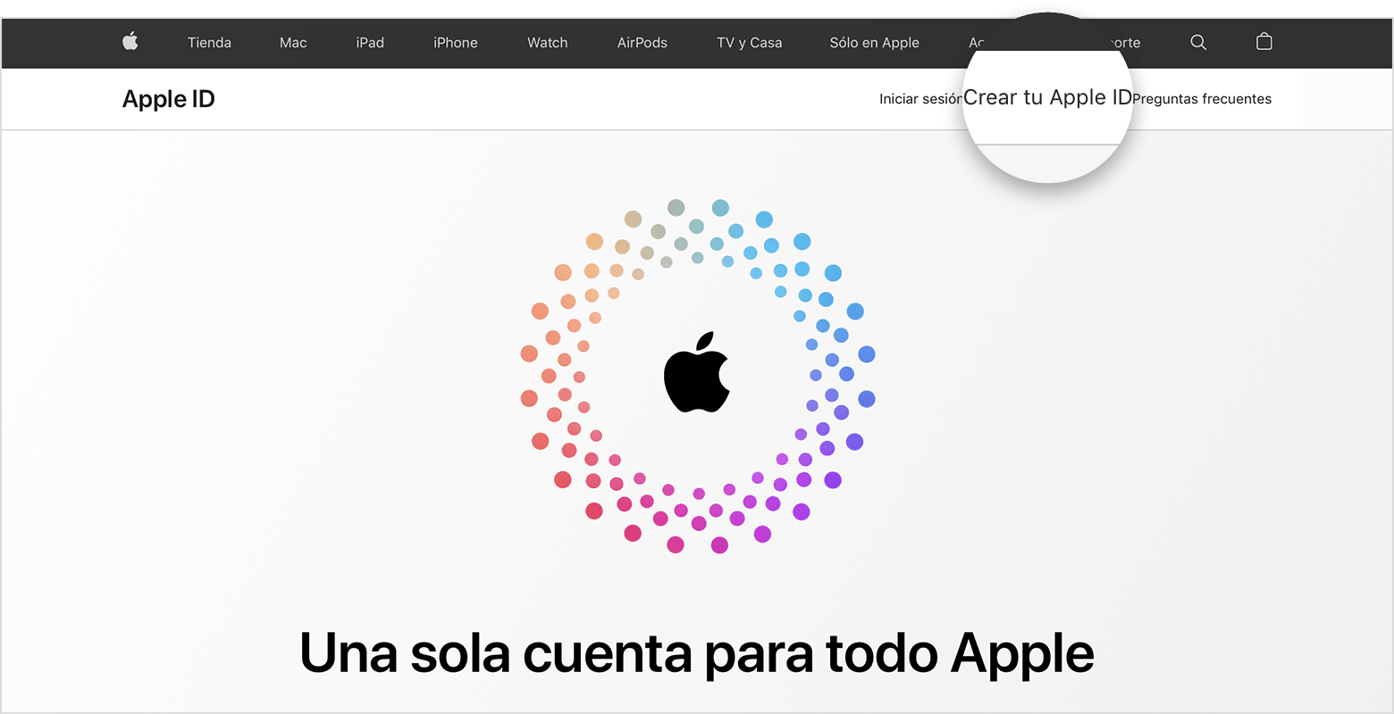 Pantalla del sitio web en la que se muestra el enlace para crear el Apple ID 