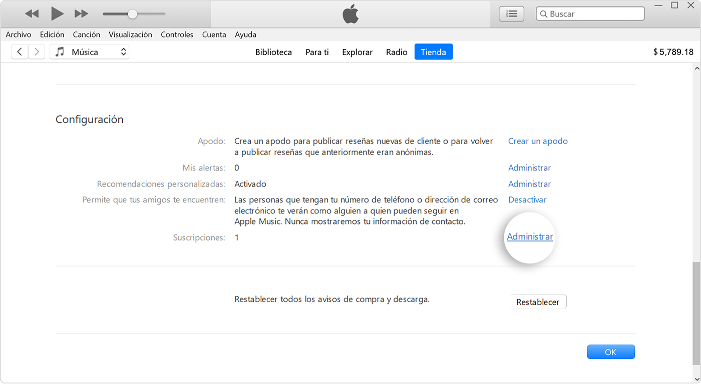 El botón Administrar junto a Suscripciones en iTunes.