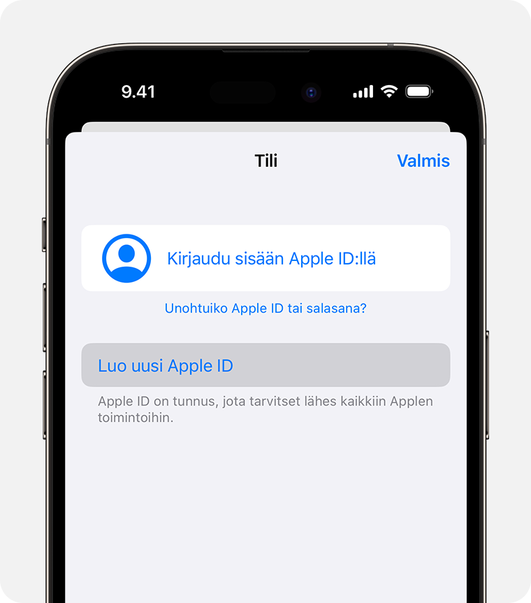 iPhonen näyttö, jossa näkyy mahdollisuus kirjautua sisään Apple ID:llä