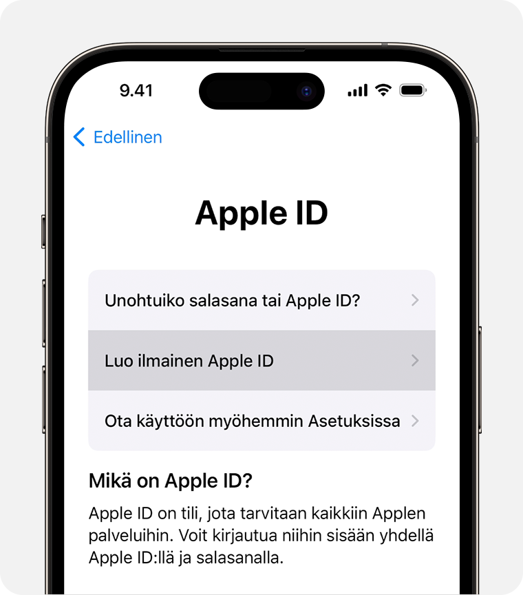 iPhone-näyttö, jossa näkyy vaihtoehto Luo ilmainen Apple ID