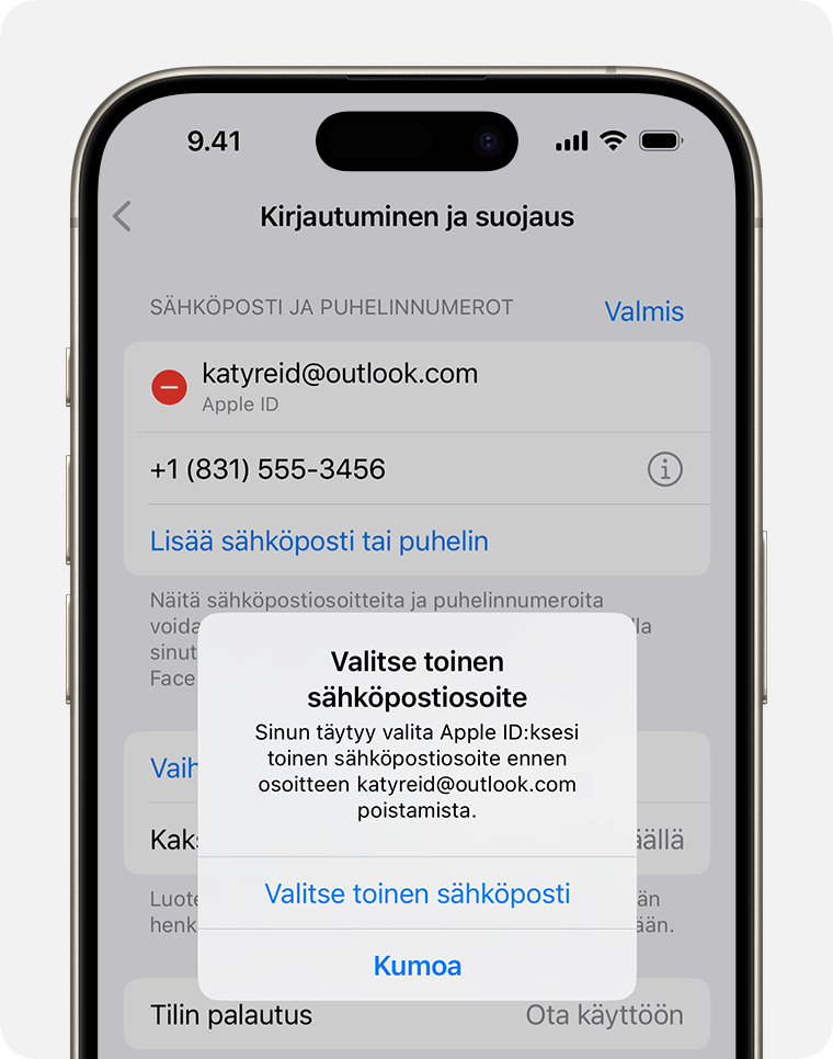 iPhonen näyttö, jossa näkyy, kuinka Apple ID -sähköpostiosoite vaihdetaan 