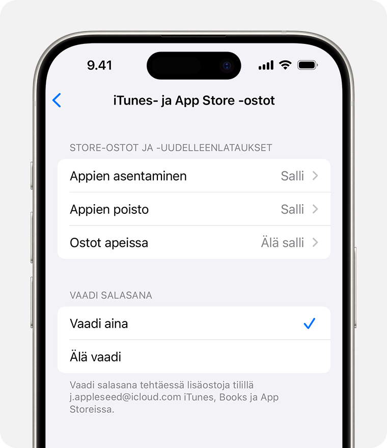 iPhone näyttö, jossa näkyy asetus iTunes- ja App Store -ostosten poistamiseen käytöstä 