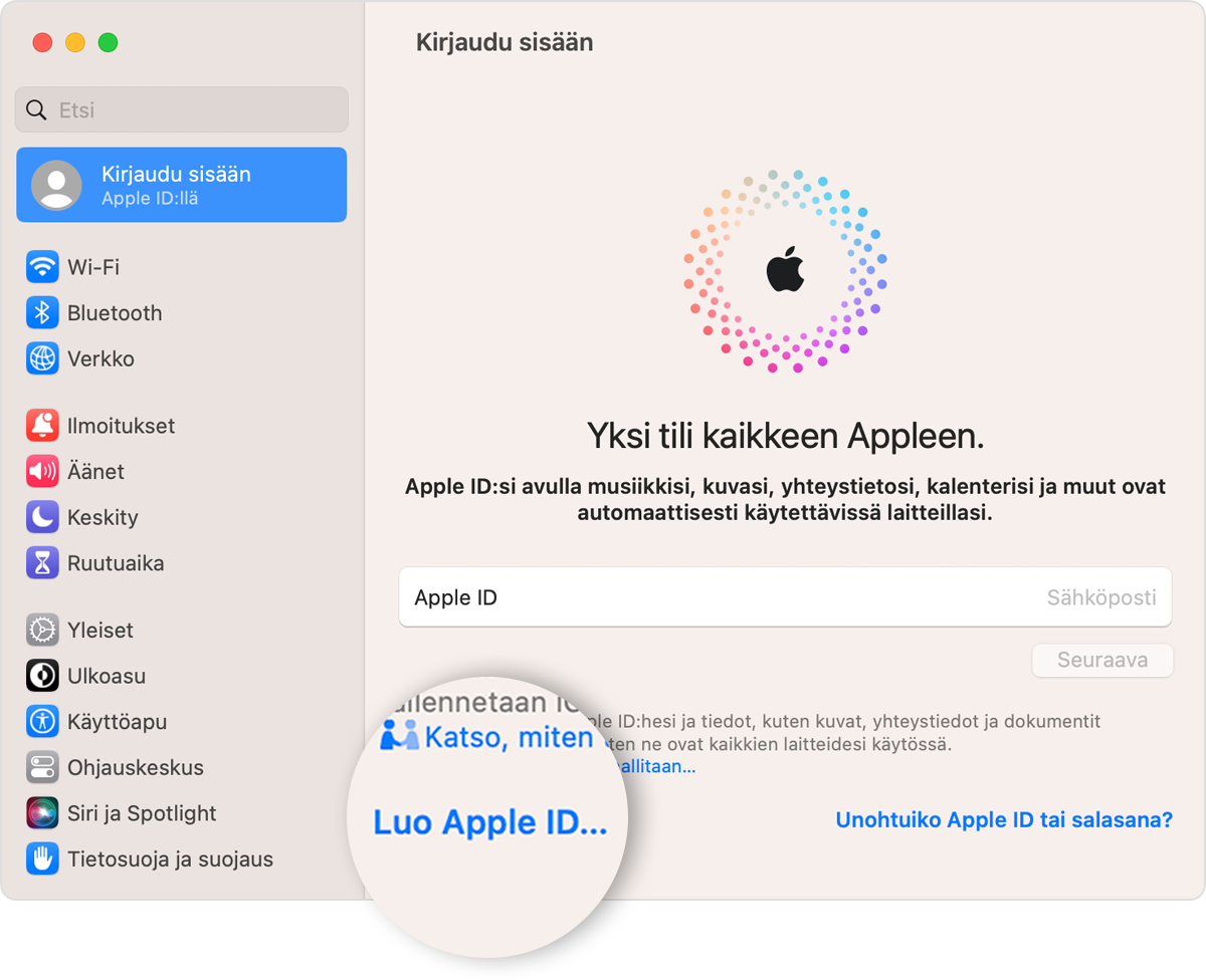 Mac-näyttö, jossa näkyy klikattava Luo Apple ID -linkki