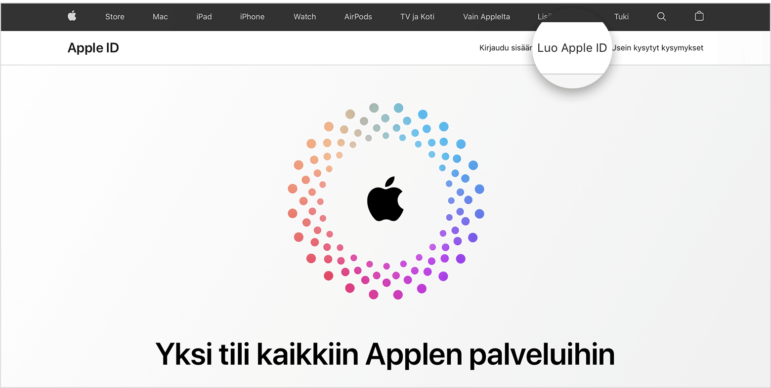 Web-näyttö, jossa on linkki Apple ID:n luomiseen 