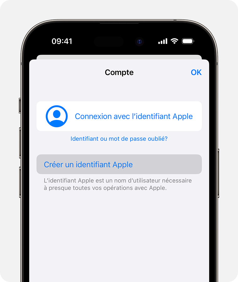 Écran d’iPhone affichant l’option Connexion avec l’identifiant Apple 