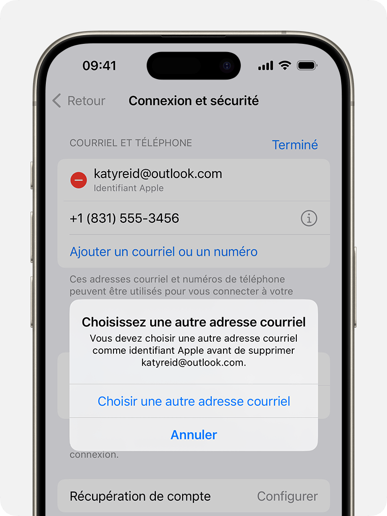 Écran d’iPhone montrant comment modifier l’adresse courriel associée à votre identifiant Apple 