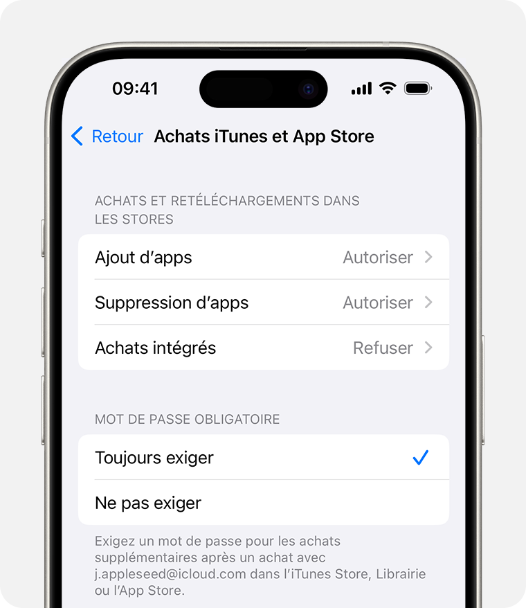 Écran d’iPhone montrant le réglage permettant de désactiver les achats dans iTunes et l’App Store 