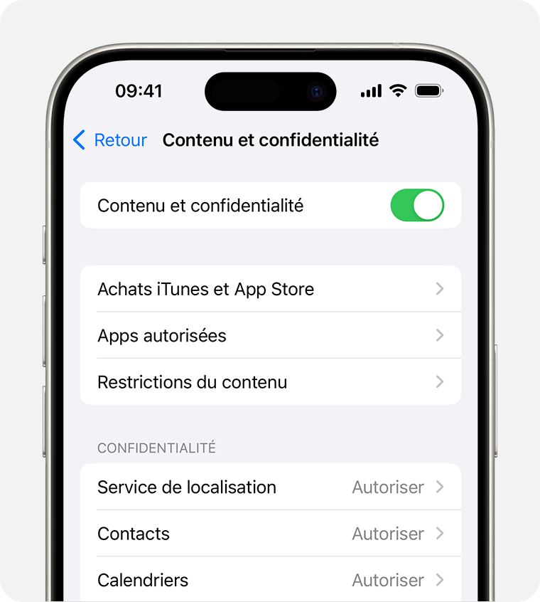Écran d’iPhone montrant le réglage des restrictions de contenu et de confidentialité