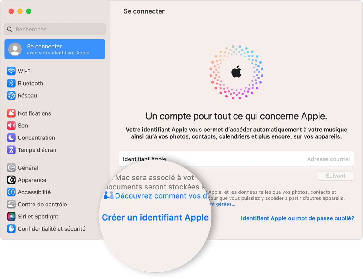 Écran Mac affichant le lien Créer un identifiant Apple