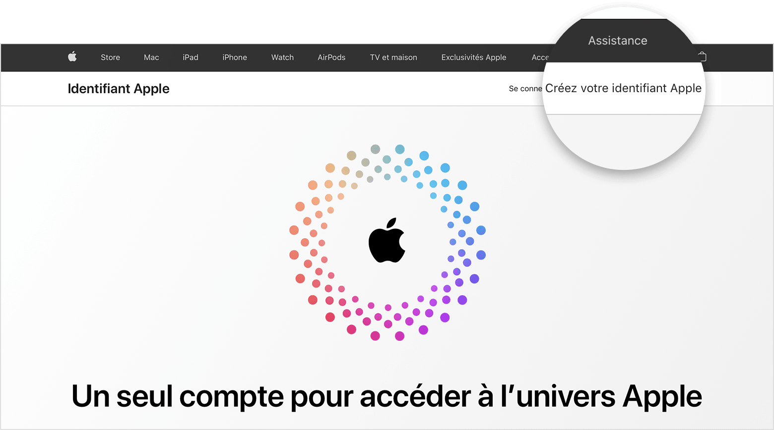 Écran web affichant le lien Créer un identifiant Apple 