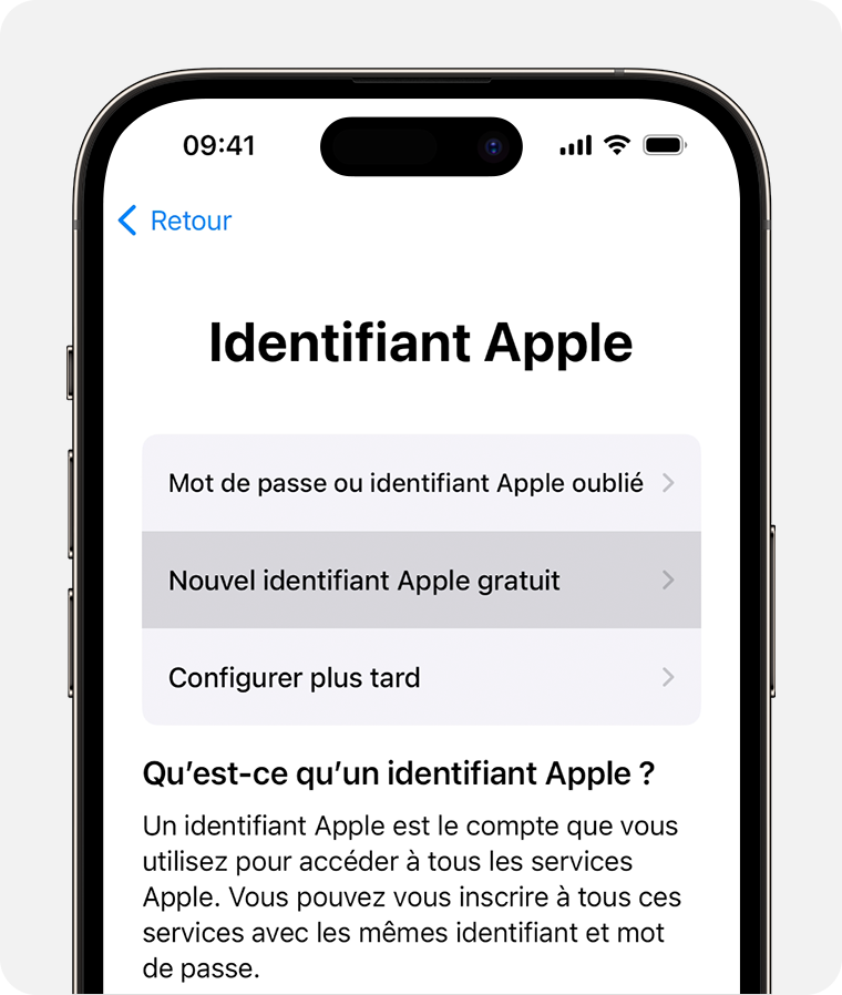 Écran de l’iPhone affichant l’option permettant de sélectionner Créer un identifiant Apple gratuit