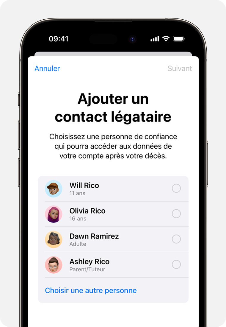 Écran d’iPhone affichant les membres du groupe de partage familial que vous pouvez ajouter en tant que contacts légataires