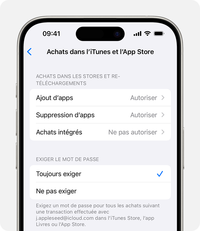Écran de l’iPhone illustrant le réglage pour désactiver Achats dans l’iTunes et l’App Store 