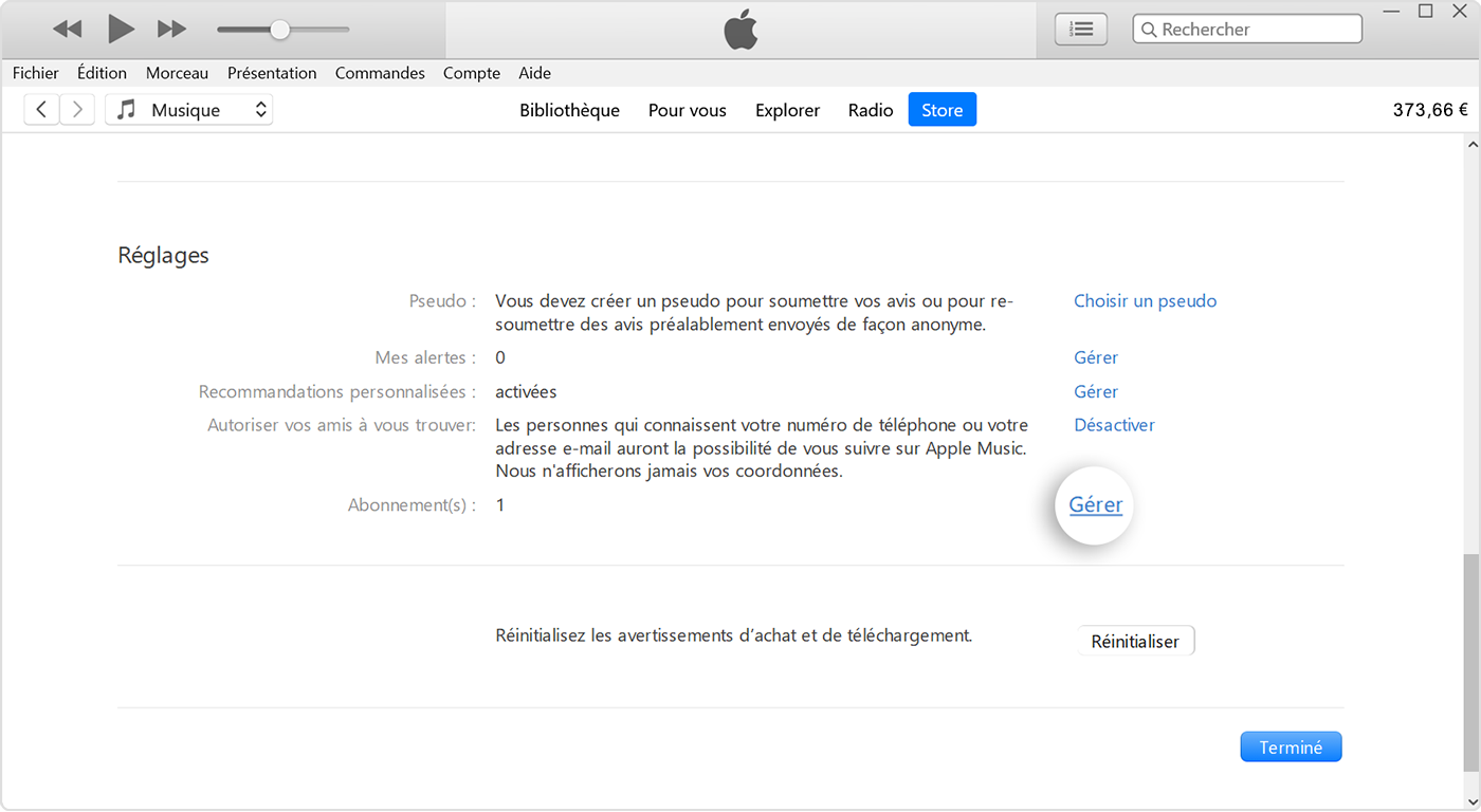 Bouton Gérer à côté d’Abonnements dans iTunes